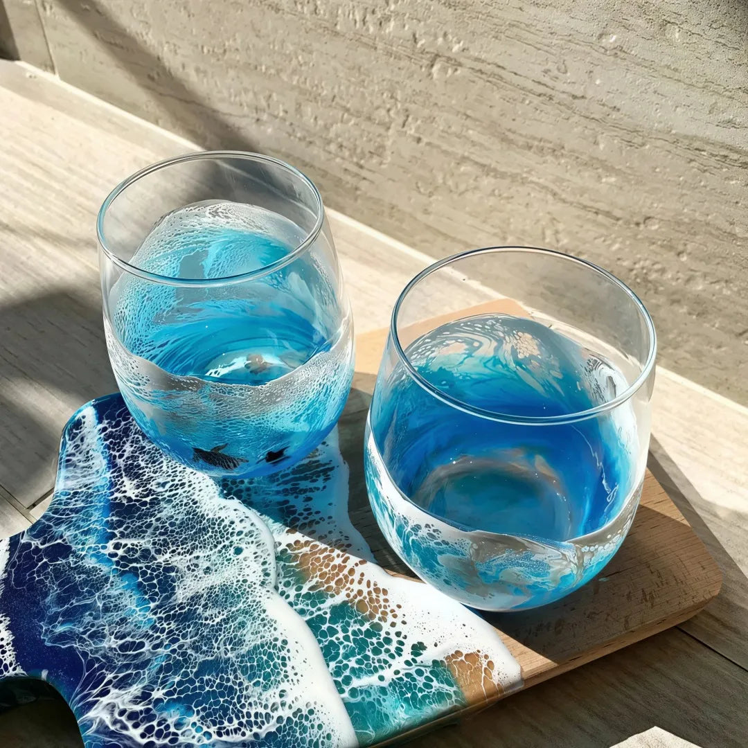Turtles Hand‑Blown Ocean Wave Glass Cups