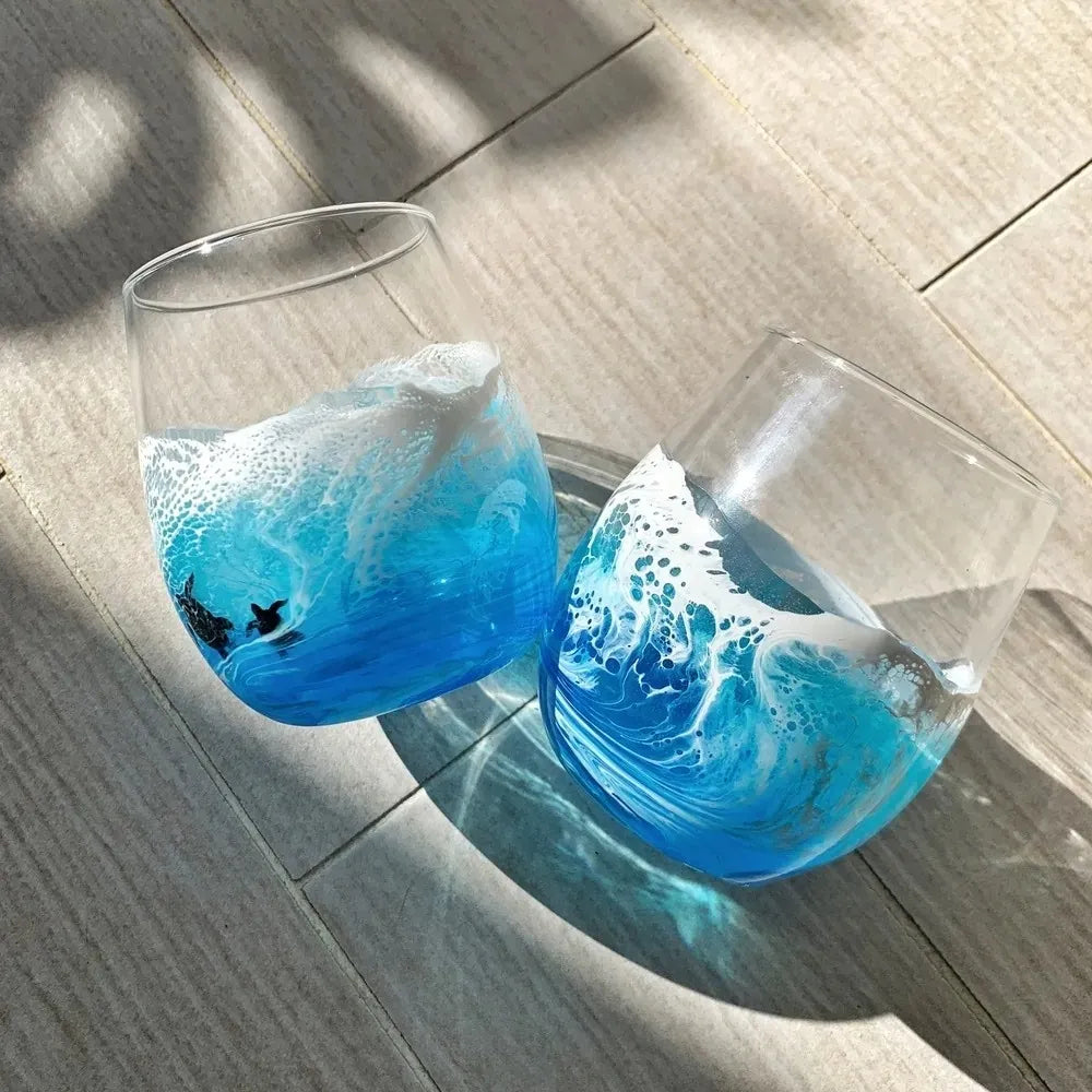 Turtles Hand‑Blown Ocean Wave Glass Cups