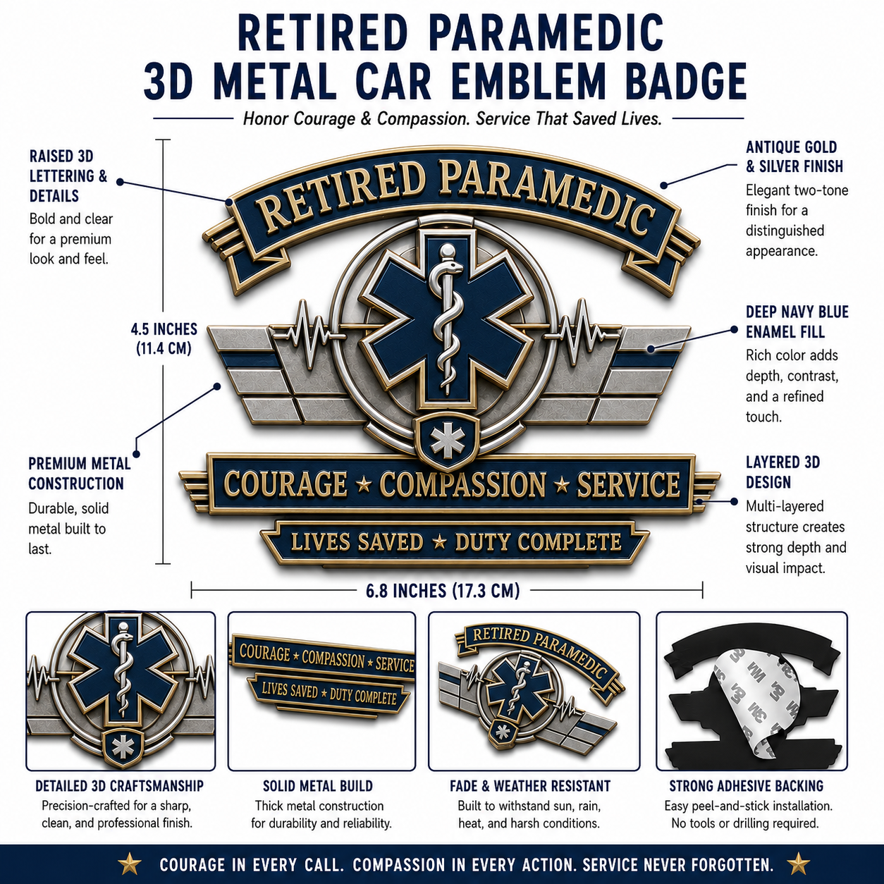 Retired Paramedic Courage Compassion Service Metal Car Emblem