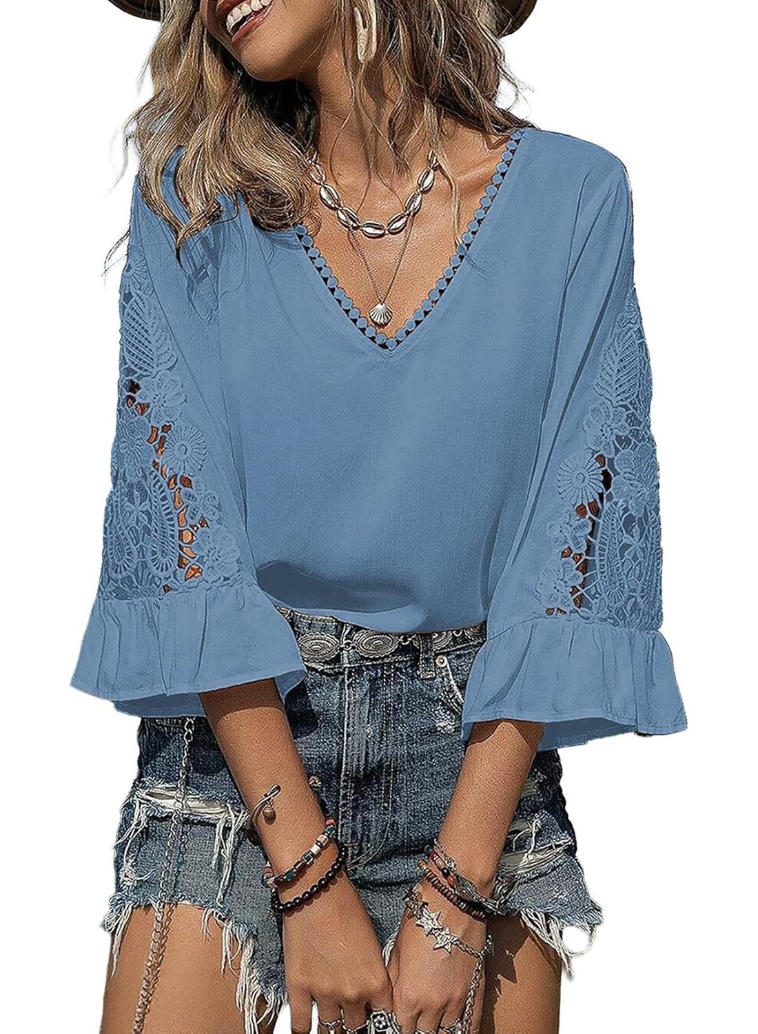 Womens V Neck 3/4 Length Sleeve Business Casual Blouses