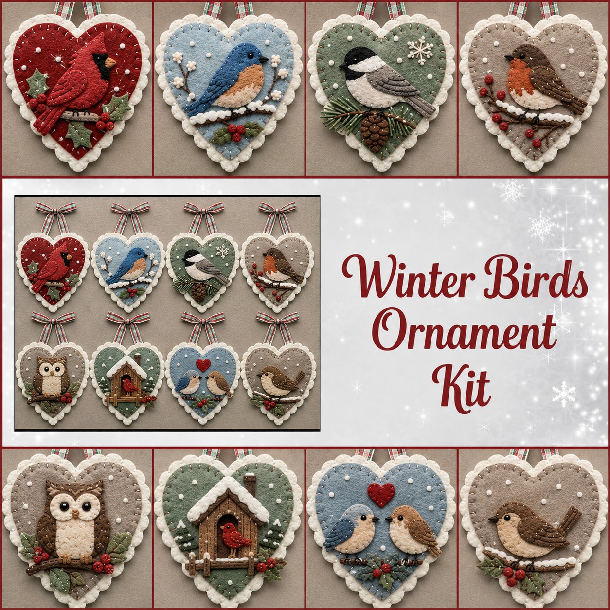 Winter Birds Pre-Cut Felt Heart Ornament Kit