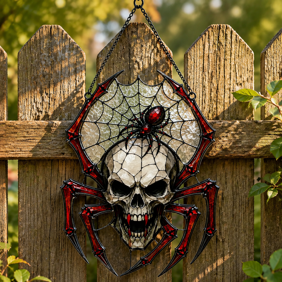 Painted Skull and Spider Web Hanging Ornament