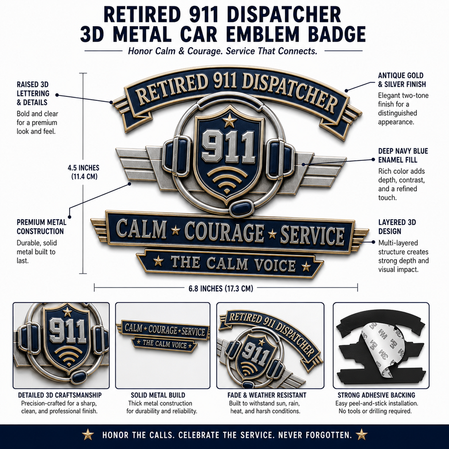 Retired 911 Dispatcher Calm Courage Service Metal Car Emblem