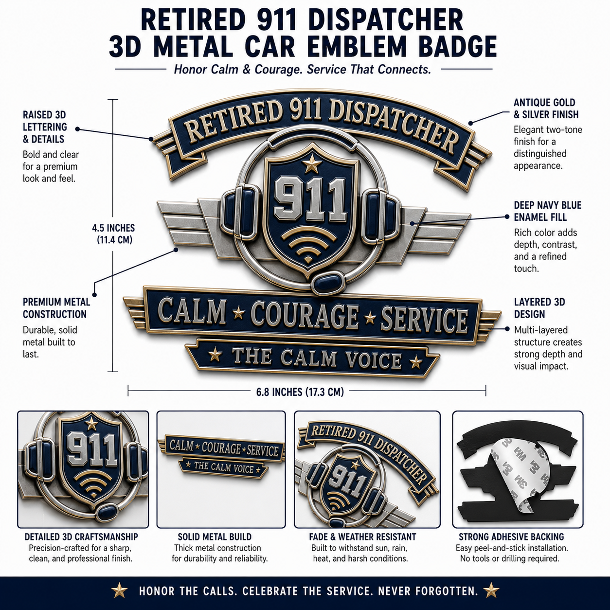 Retired 911 Dispatcher Calm Courage Service Metal Car Emblem