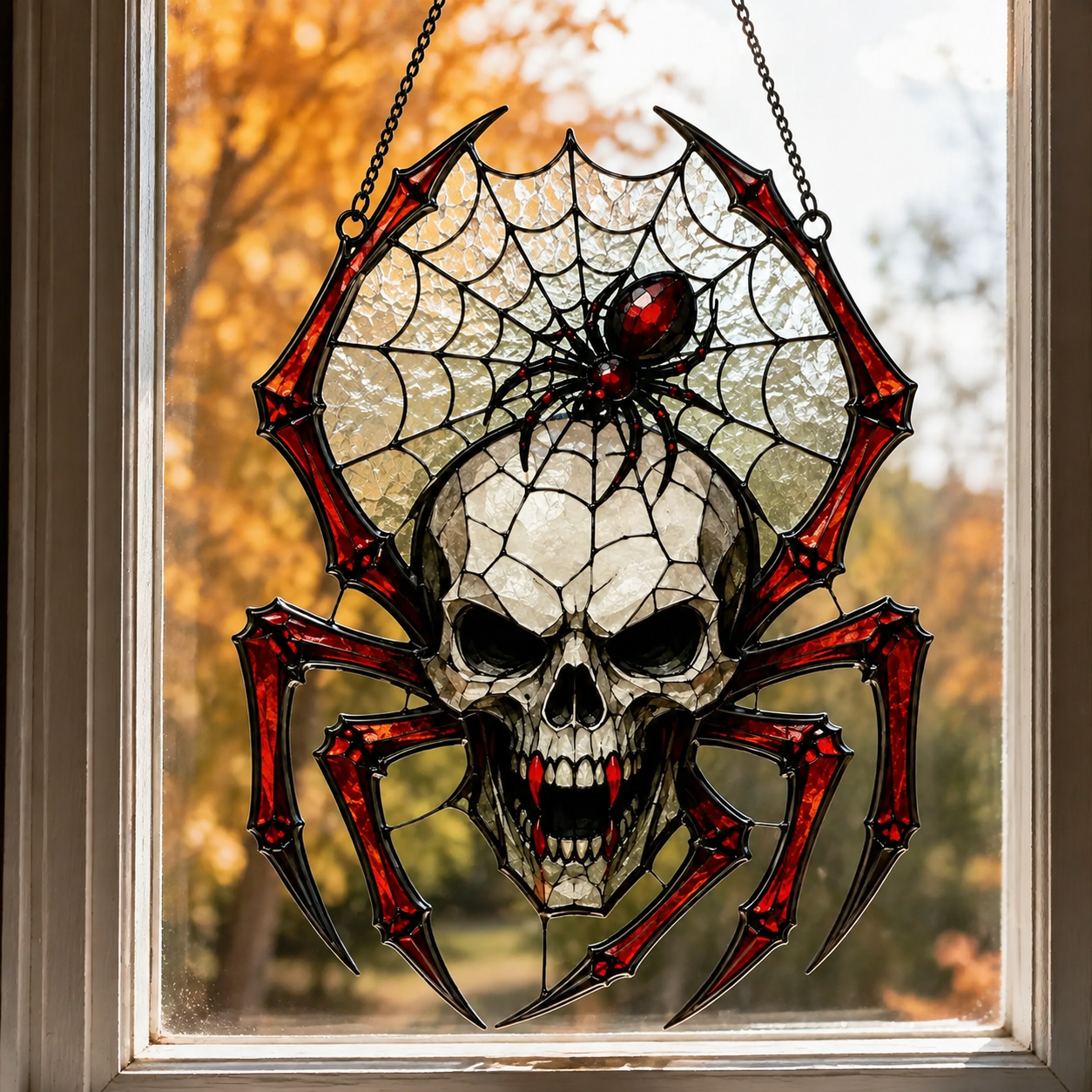 Painted Skull and Spider Web Hanging Ornament
