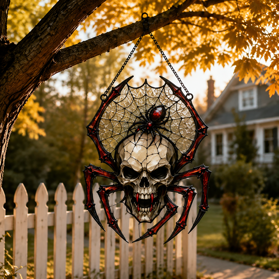 Painted Skull and Spider Web Hanging Ornament