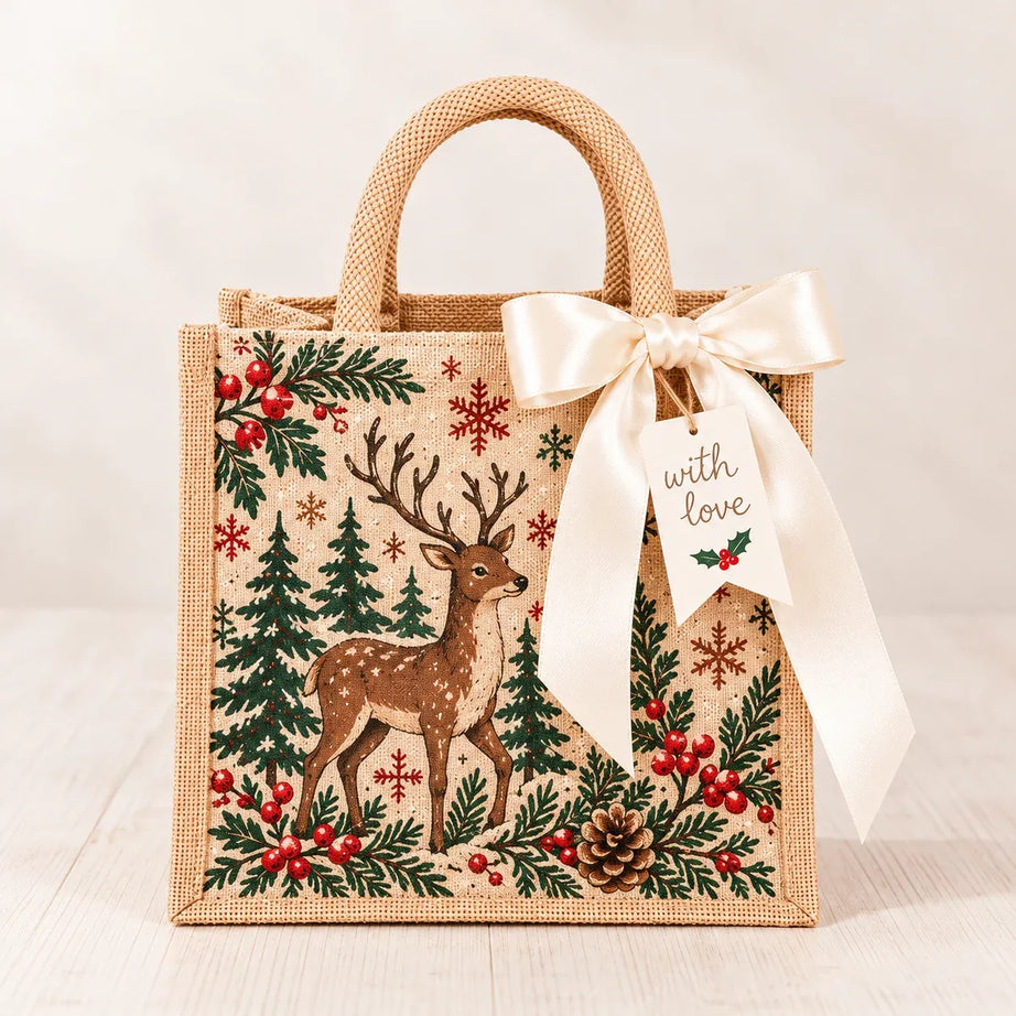 Vintage Christmas Burlap Gift Tote Bag
