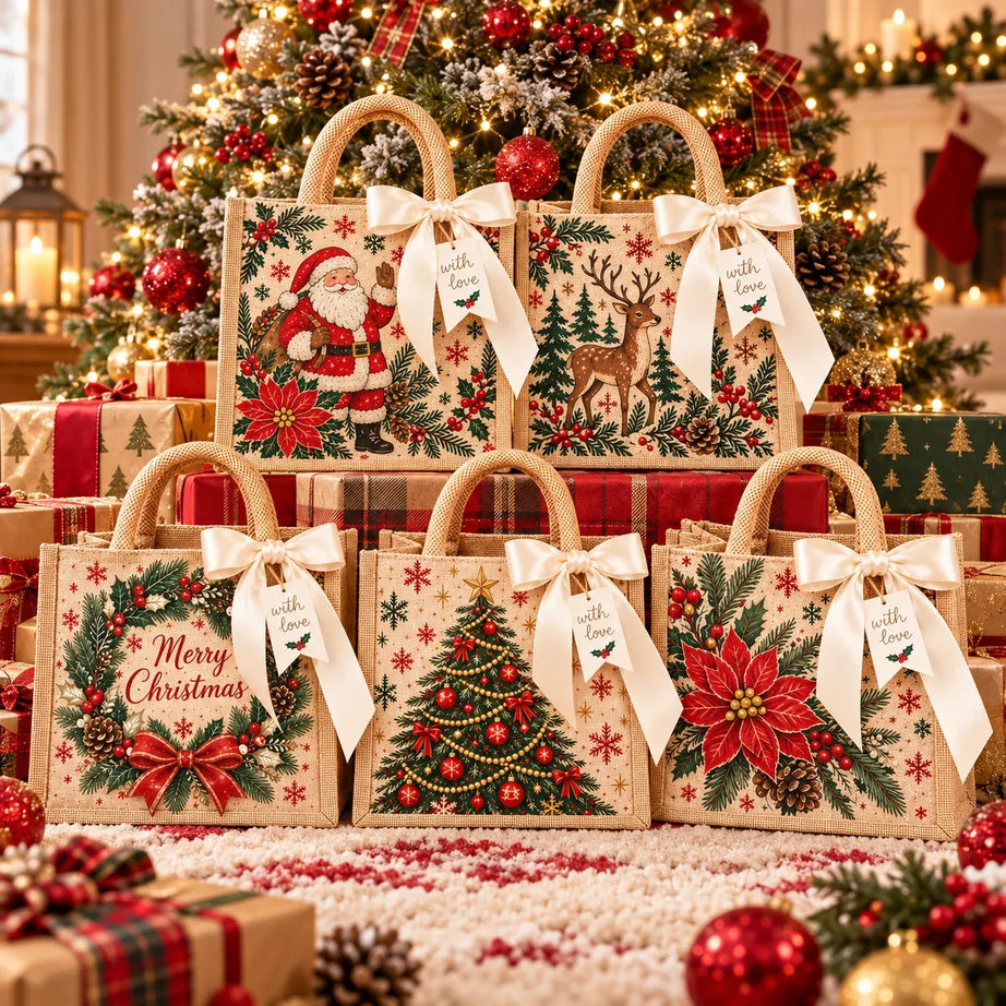 Vintage Christmas Burlap Gift Tote Bag
