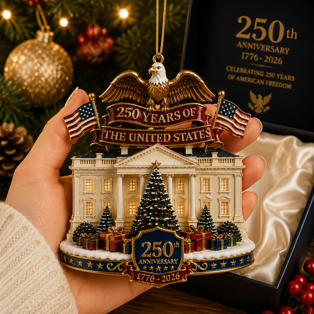 USA 250th Anniversary White House Christmas Ornament Regular