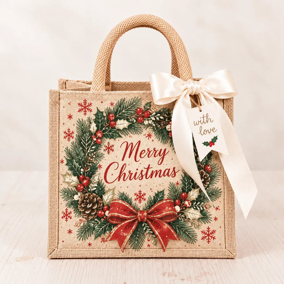Vintage Christmas Burlap Gift Tote Bag