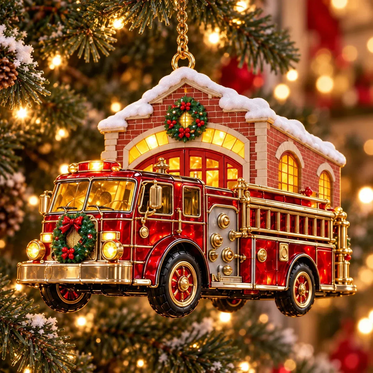 2026 Vintage Fire Truck Christmas Ornaments – Set of 6 | Stained
