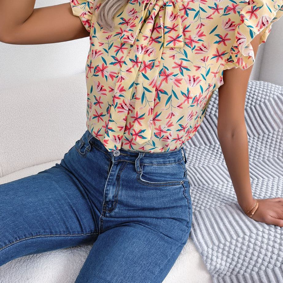 Floral Tie Neck Flutter Sleeve Blouse