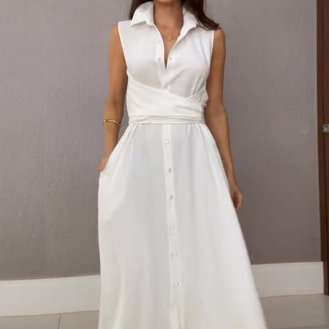 Women's Sleeveless Shirt Maxi Dress with Waist Tie