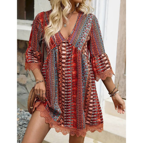 Bohemian Mini Dress with V-Neck for Women