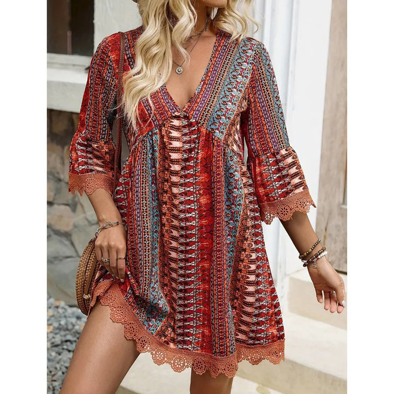 Bohemian Mini Dress with V-Neck for Women