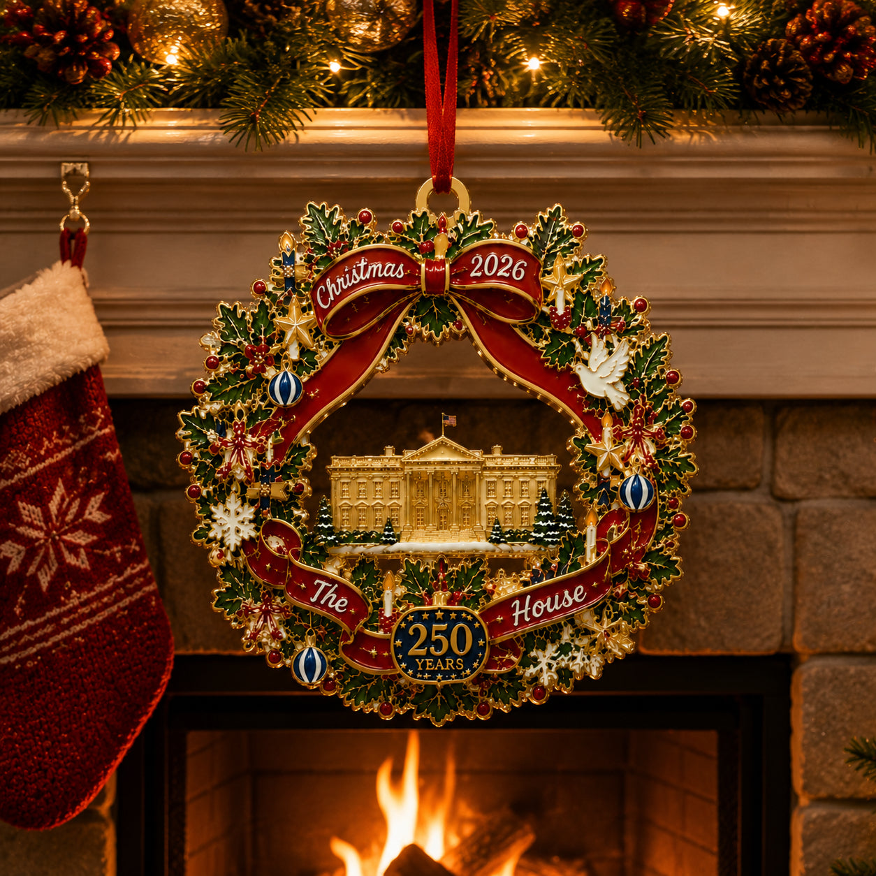 White House Scene Christmas Wreath Commemorative Ornament