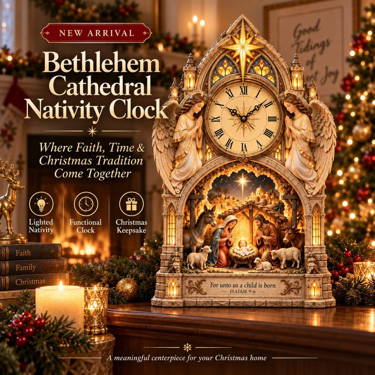 Cathedral-style Bethlehem Nativity clock
