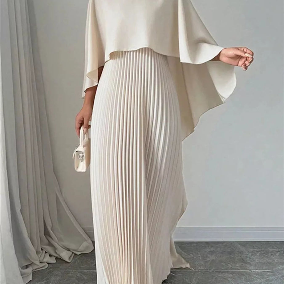 Cape-Style Pleated Maxi Dress