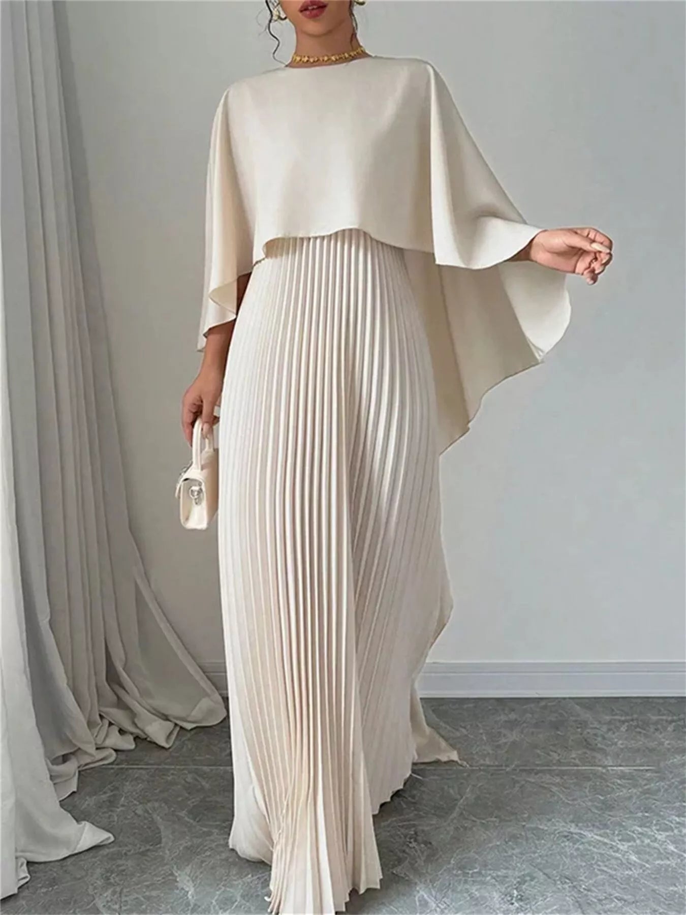 Cape-Style Pleated Maxi Dress