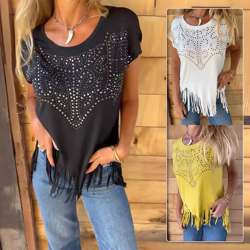 Women's Solid Colour Short Sleeve T-shirt With Hot Print And Frayed Hem