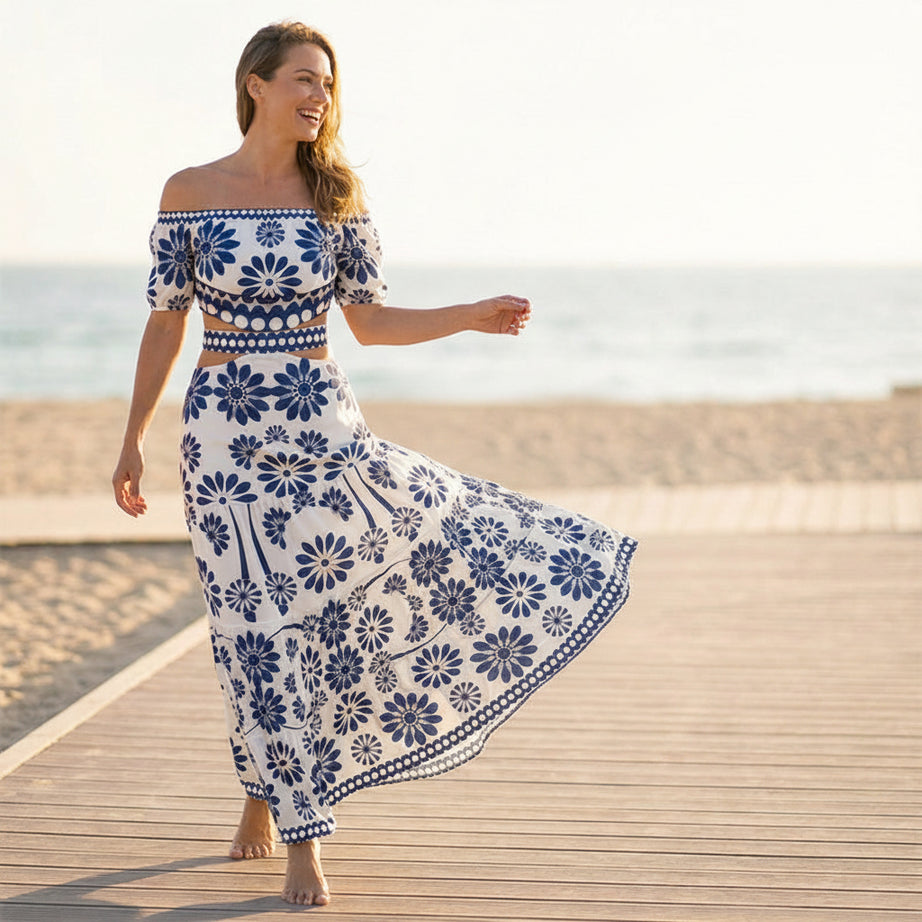Women's Off-Shoulder Daisy Print Resort Dress with Waistline
