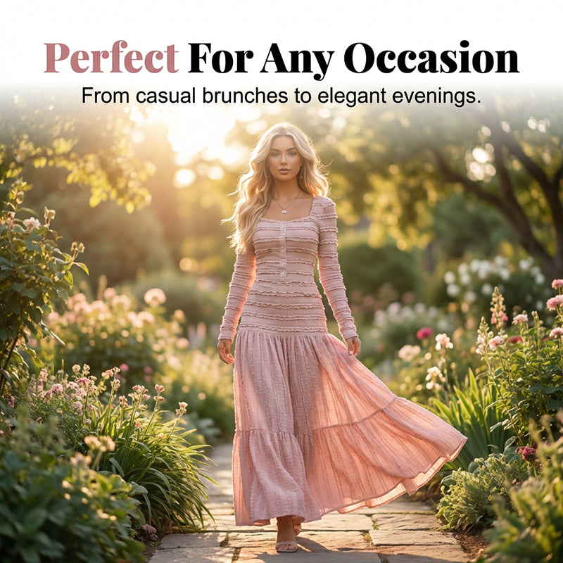Square Neck Maxi Dress – Smocked Bodice, Ruffle Trim & Breathable Fabric