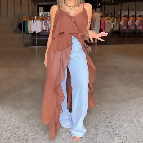 Women's Layered Ruffle Slit Hem Camisole Tunic