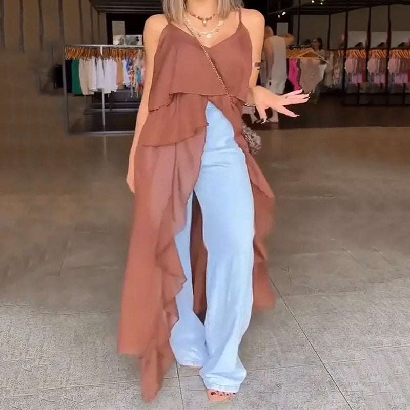 Women's Layered Ruffle Slit Hem Camisole Tunic