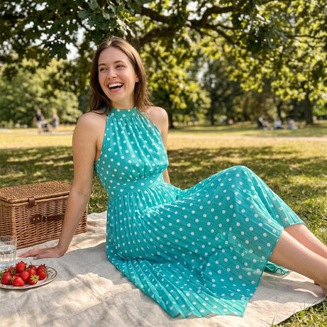 Polka Dot Halter Neck Dress – Flowy, Flattering, Retro-Chic
