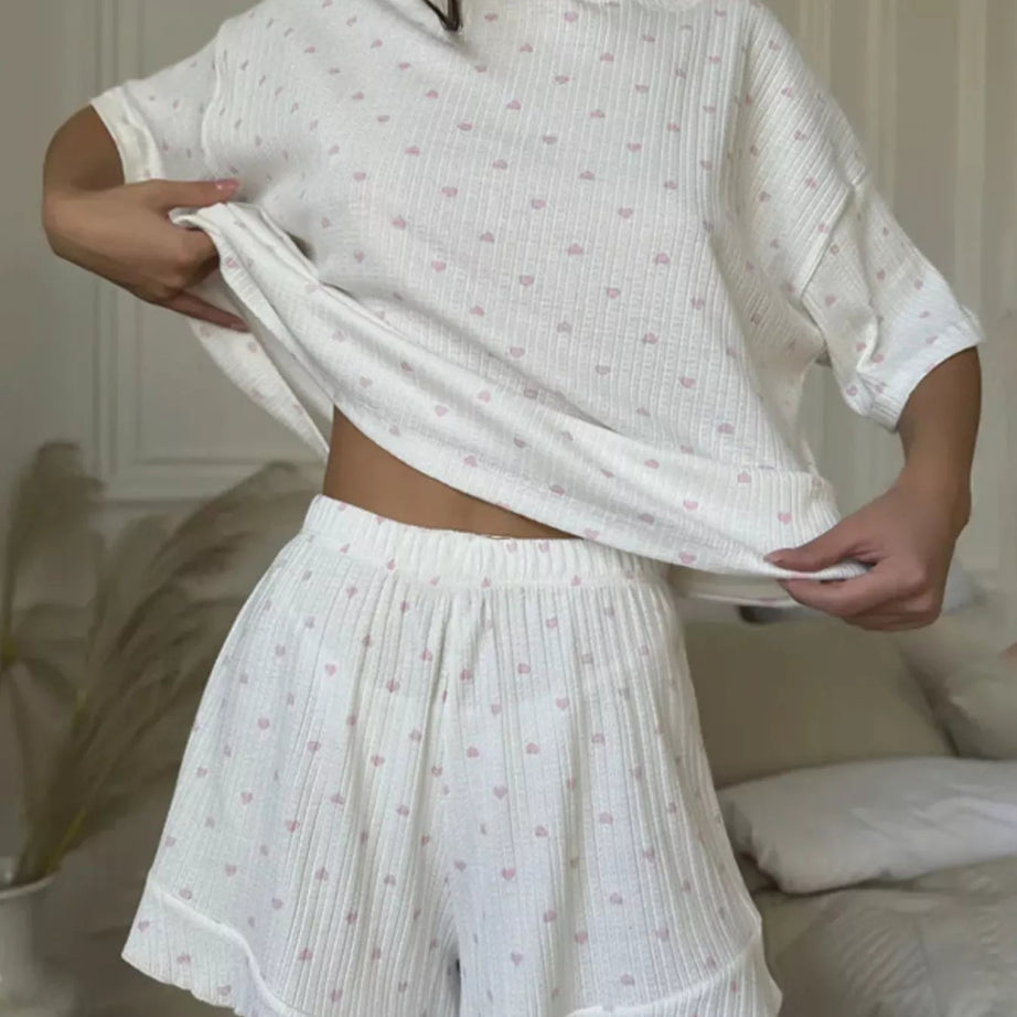 Heart Print Two-Piece Lounge Set with Shorts