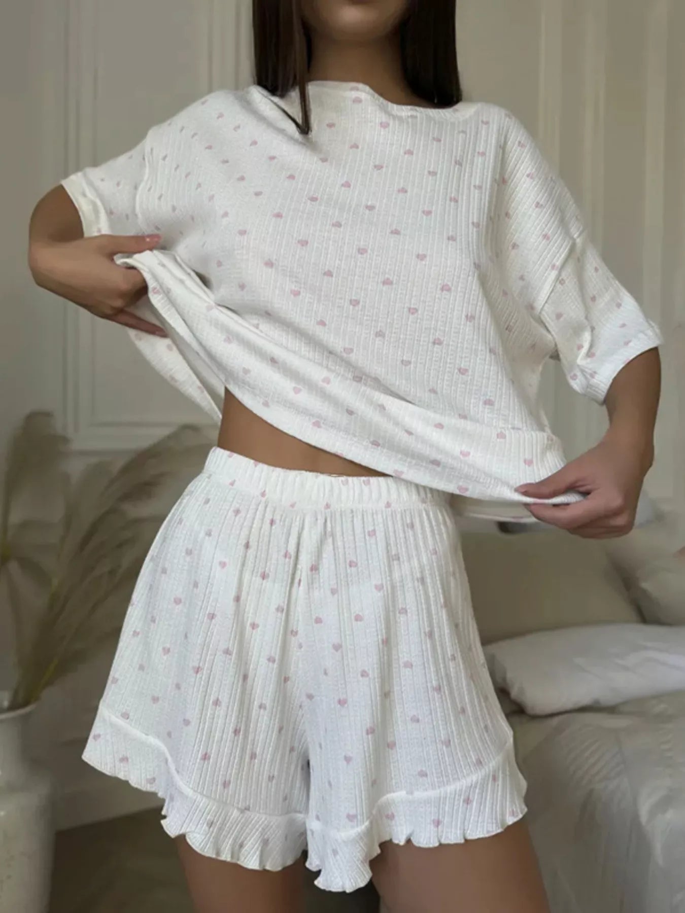 Heart Print Two-Piece Lounge Set with Shorts