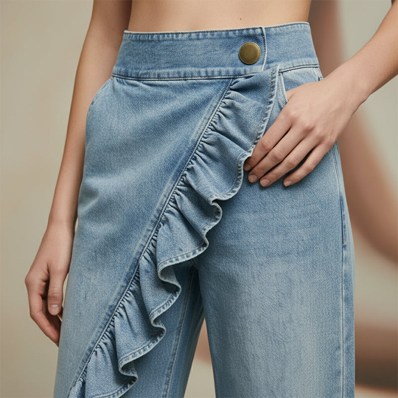 Women's asymmetrical ruffle wide-leg denim trousers