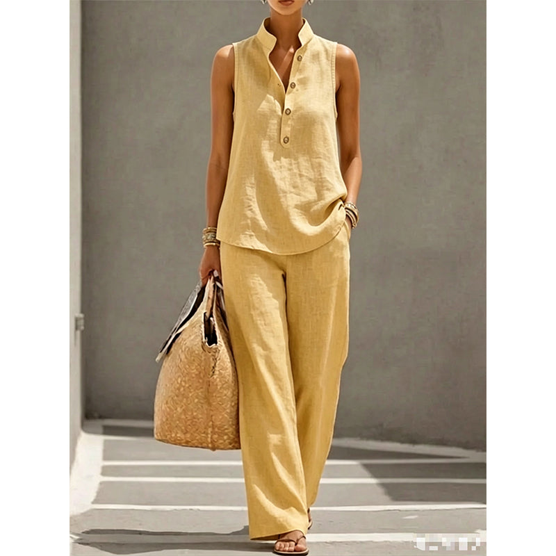 Women's Minimalist Sleeveless Top & Wide Leg Pants Set