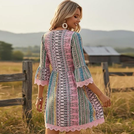 Bohemian Mini Dress with V-Neck for Women