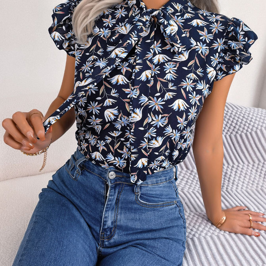 Floral Tie Neck Flutter Sleeve Blouse