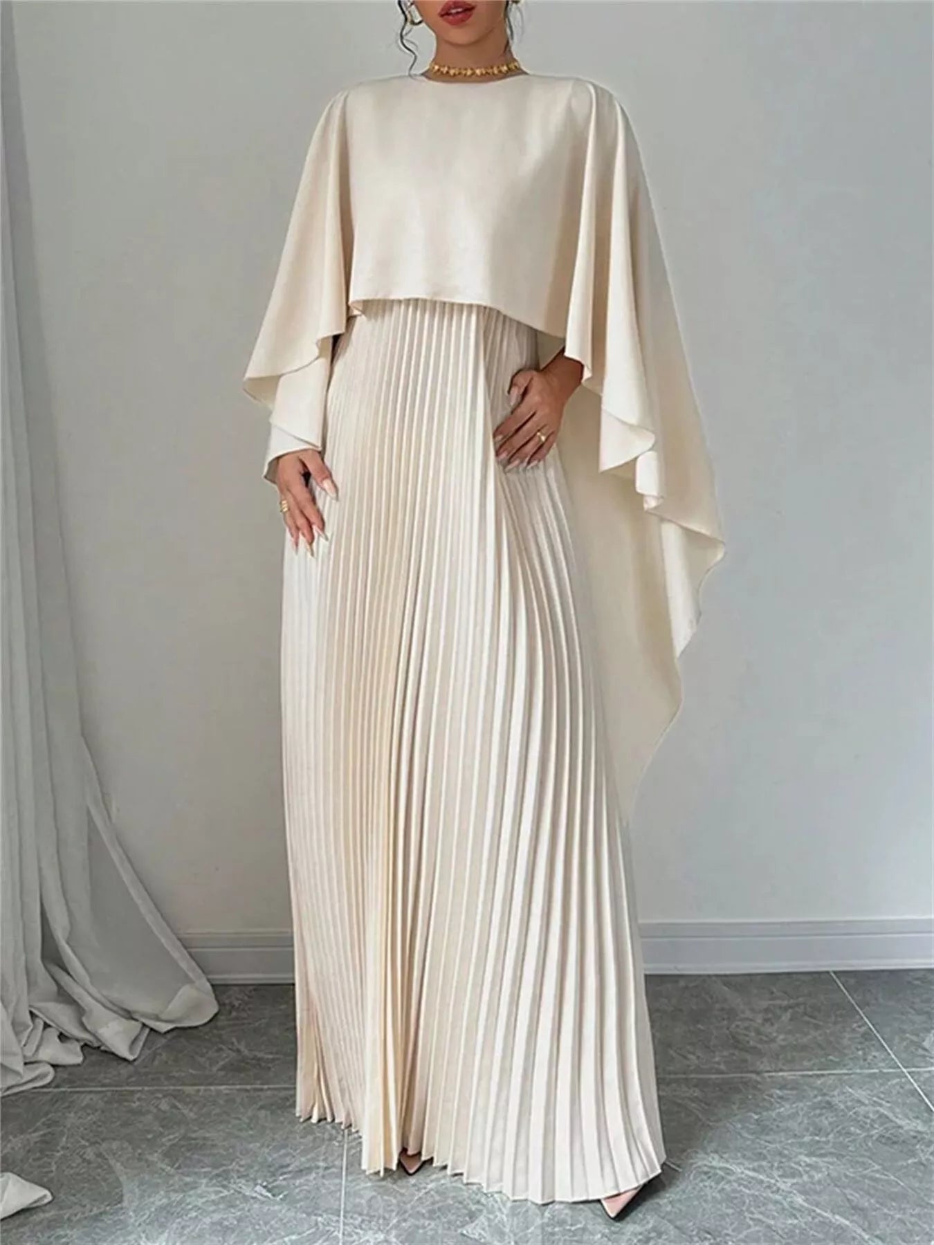 Cape-Style Pleated Maxi Dress