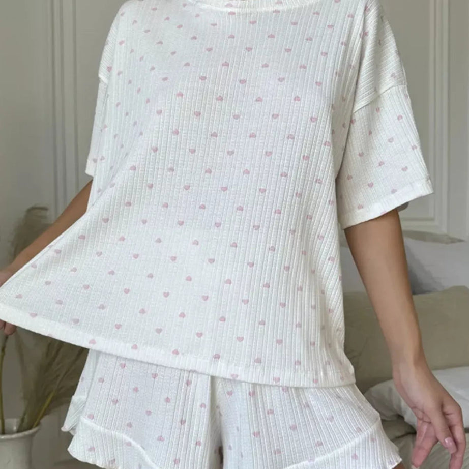 Heart Print Two-Piece Lounge Set with Shorts