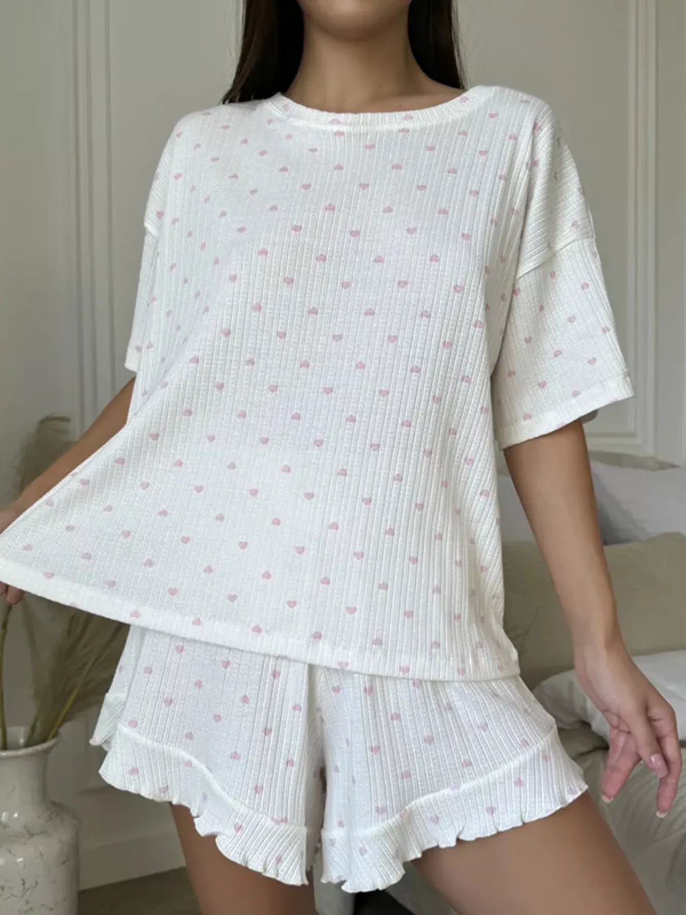 Heart Print Two-Piece Lounge Set with Shorts