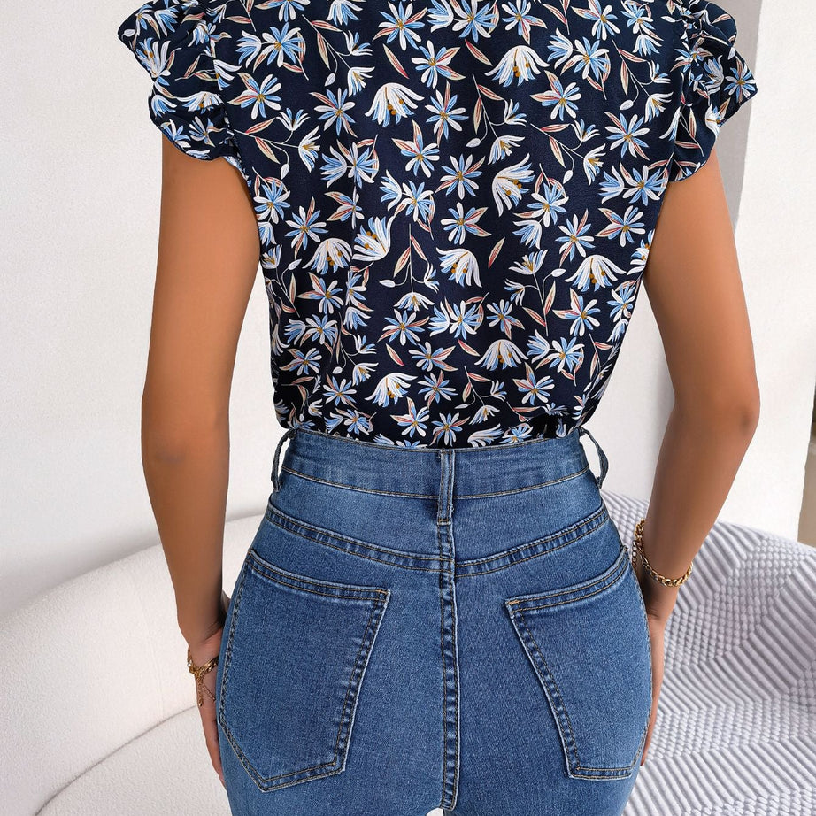 Floral Tie Neck Flutter Sleeve Blouse