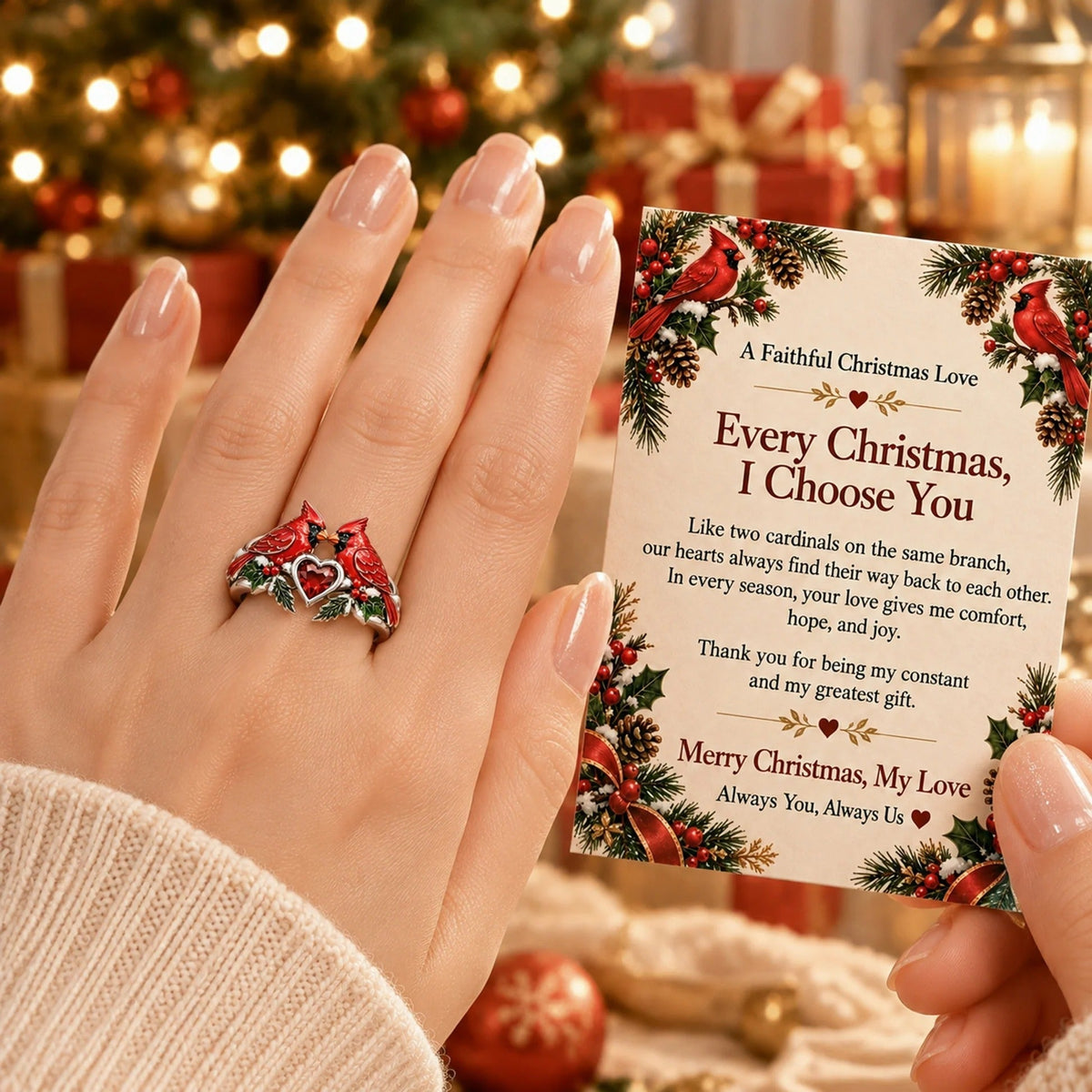 Cardinal Couple Christmas Ring with Message Card