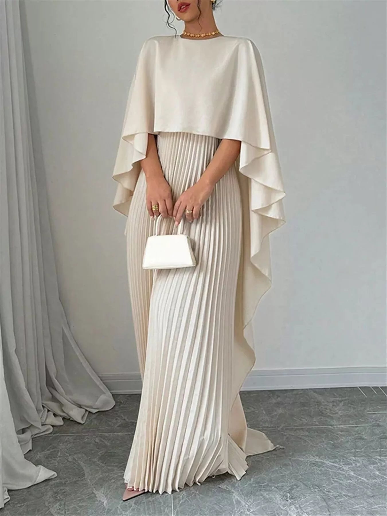Cape-Style Pleated Maxi Dress