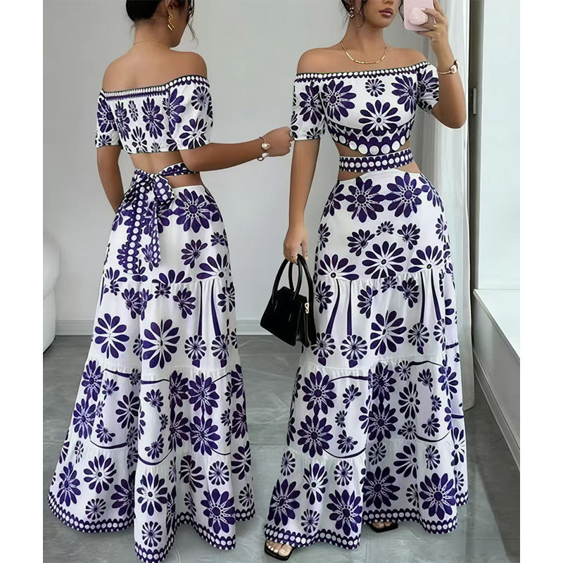 Women's Off-Shoulder Daisy Print Resort Dress with Waistline