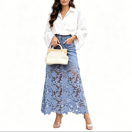 Women's Denim Bodycon Skirt with Hollow Lace Trim