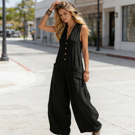 Women's Sleeveless V-Neck Wide-Leg Jumpsuit