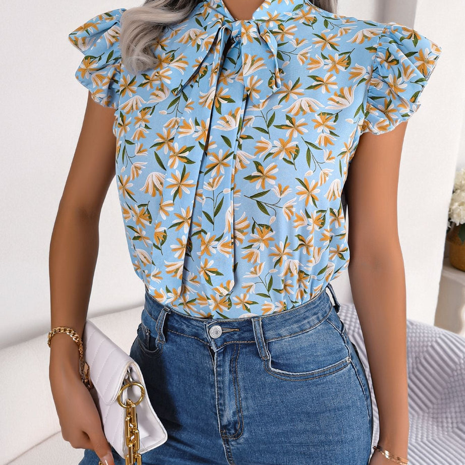 Floral Tie Neck Flutter Sleeve Blouse