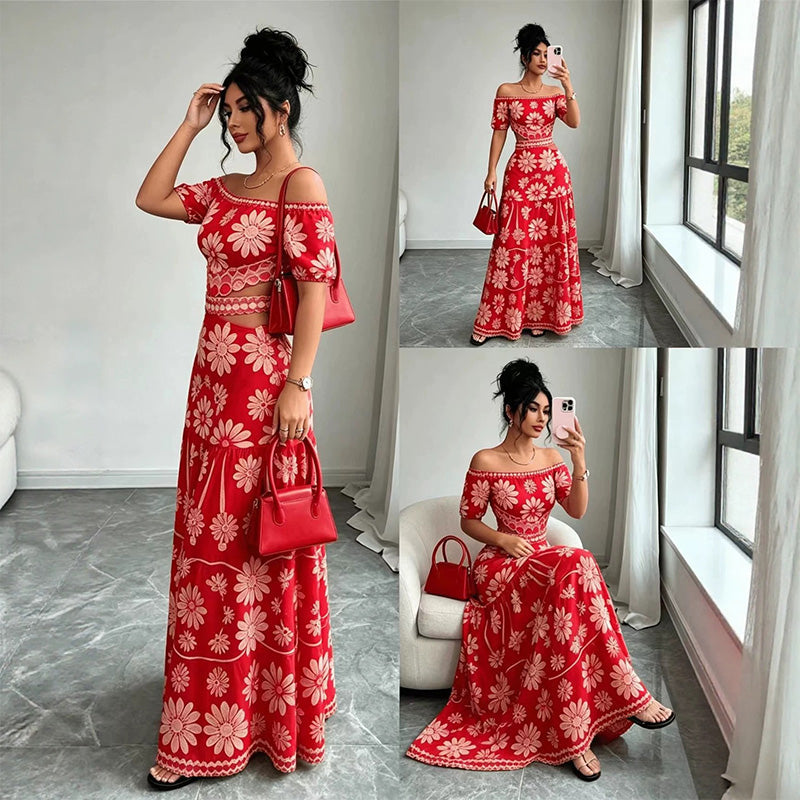 Women's Off-Shoulder Daisy Print Resort Dress with Waistline