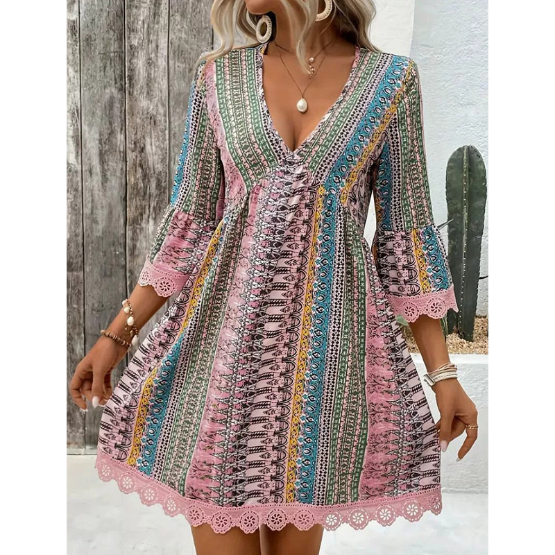 Bohemian Mini Dress with V-Neck for Women