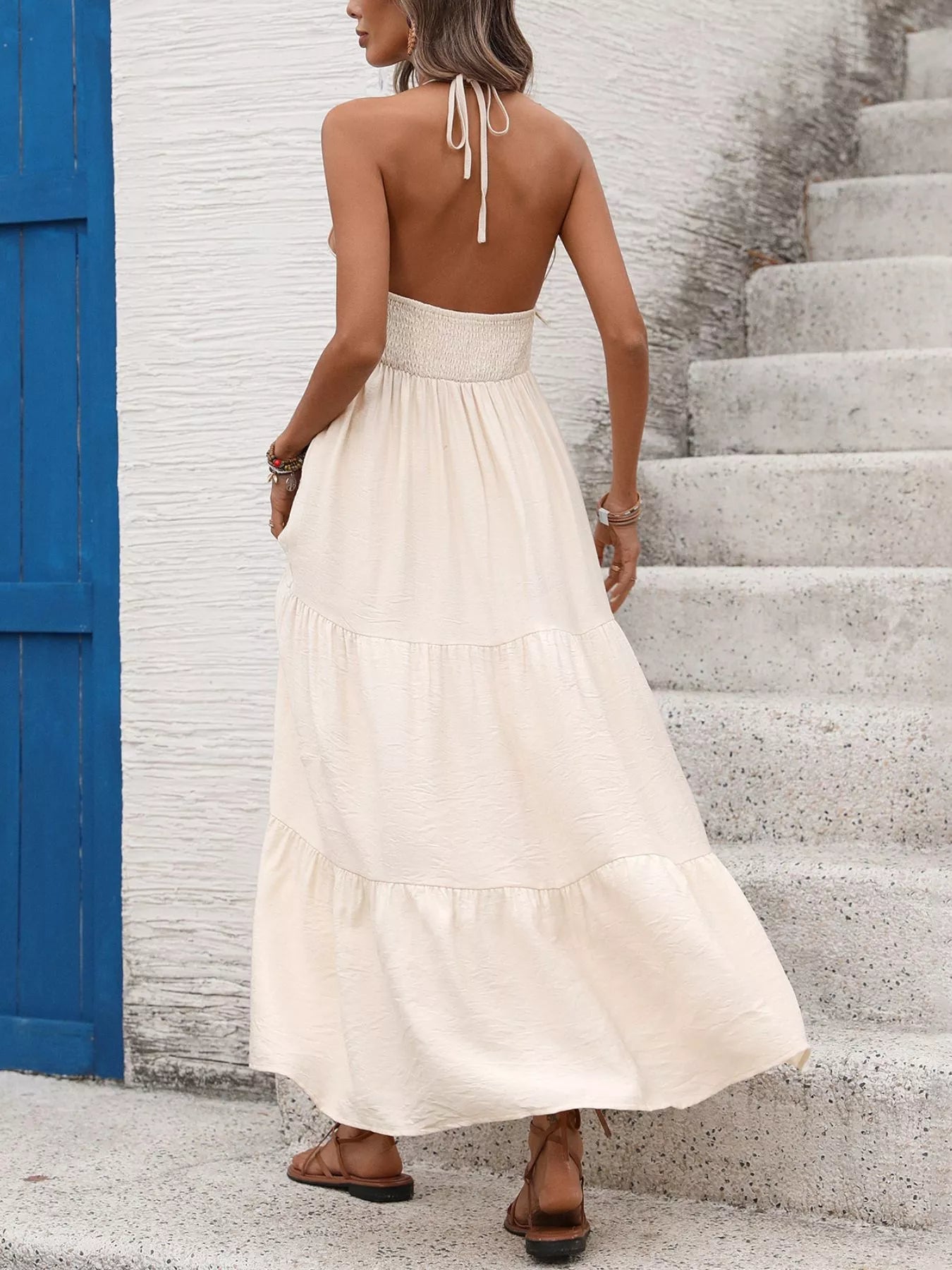 Halter Neck Tiered Dress with Ruched Detail