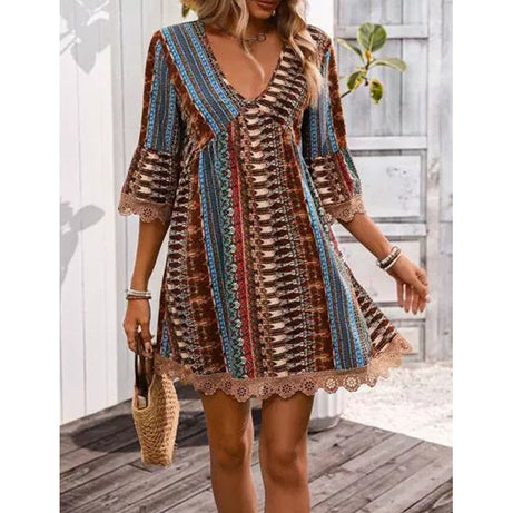 Bohemian Mini Dress with V-Neck for Women