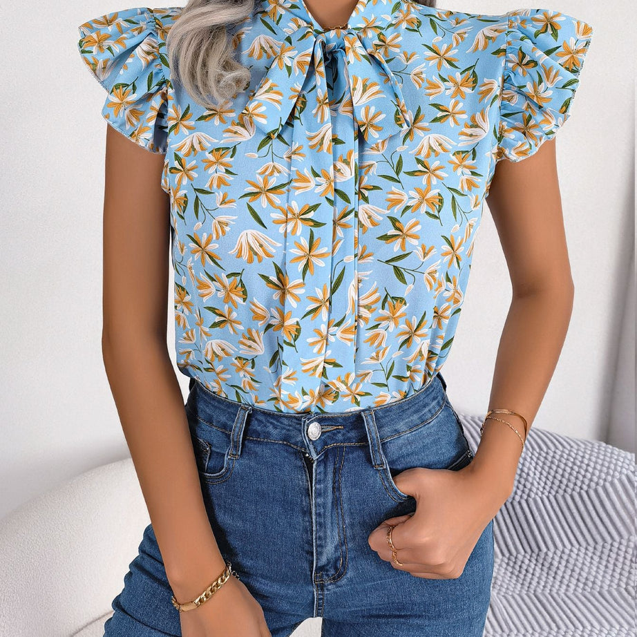 Floral Tie Neck Flutter Sleeve Blouse